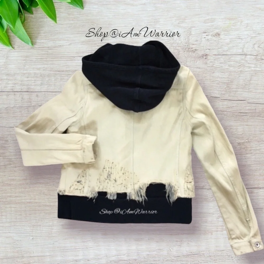 Free People Distressed Cropped Denim Jacket w/ Hooded Layer *shop@iamwarrior - Picture 5 of 10